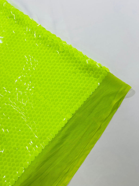 Neon Lime Green Round Sequin Paillette On Green Mesh Fabric/ 54 Inches Wide/Cosplays Fabric/Prom/Backdrops