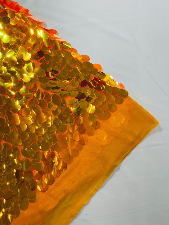 Neon Orange-Gold Jumbo Sequins Oval Sequin Paillette/Tear Drop Mermaid Big Sequins Fabric On Orange Mesh/ 54 Inches Wide