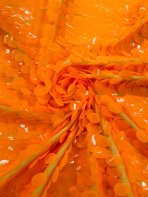 Neon Orange Jumbo Sequins Oval Sequin Paillette/Tear Drop Mermaid Big Sequins Fabric On Orange Mesh/ 54 Inches Wide