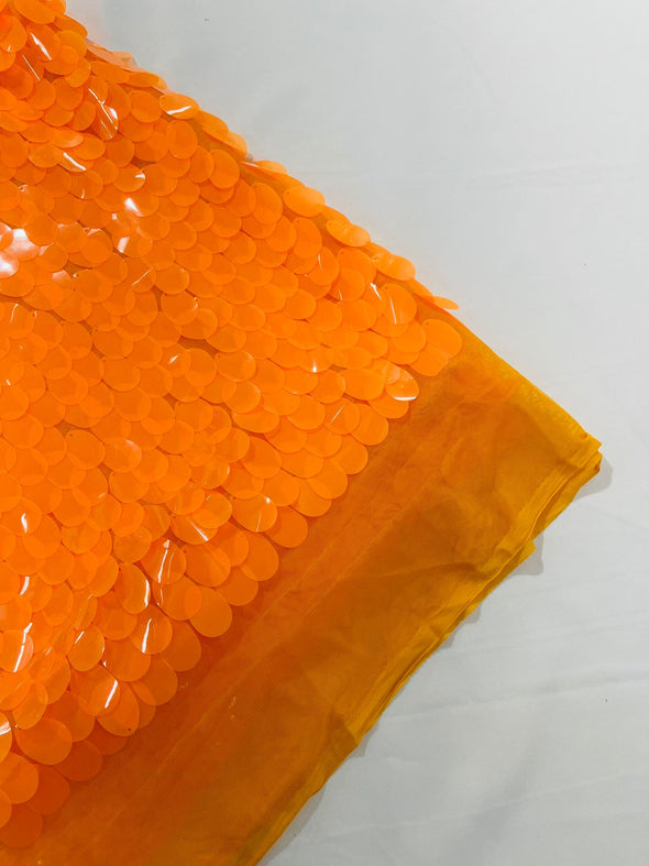 Neon Orange Jumbo Sequins Oval Sequin Paillette/Tear Drop Mermaid Big Sequins Fabric On Orange Mesh/ 54 Inches Wide