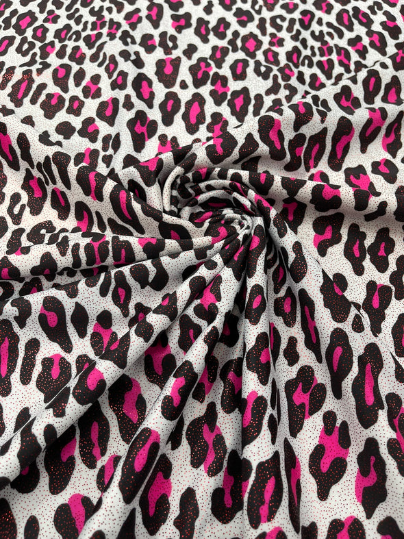 Neon Pink/Black Foil Leopard Print On a White Stretch Nylon Spandex Tricot/Milliskin -Sold by the yard.