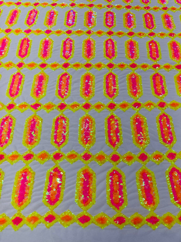 Neon Yellow Neon Pink Multi Color Iridescent Jewel Sequin Design On a 4 Way Stretch Mesh Fabric - Sold By The Yard