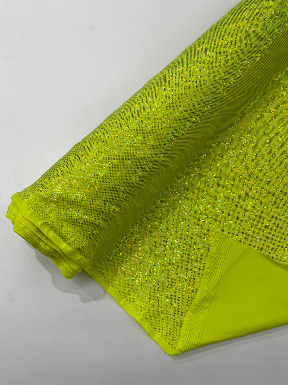 Neon Yellow Shattered Glass Foil Hologram/58” Wide/4 Way Stretch Spandex Nylon Tricot. Sold by the yard.