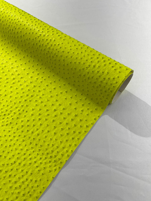 Neon Yellow 54” Wide Ostrich Fake Leather Upholstery, 3-D Ostrich Skin Texture Faux Leather PVC Vinyl Fabric Sold by The Yard.