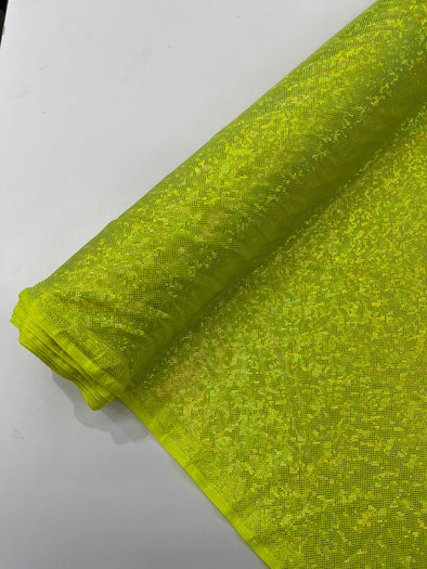 Neon Yellow Shattered Glass Foil Hologram/58” Wide/4 Way Stretch Spandex Nylon Tricot. Sold by the yard.