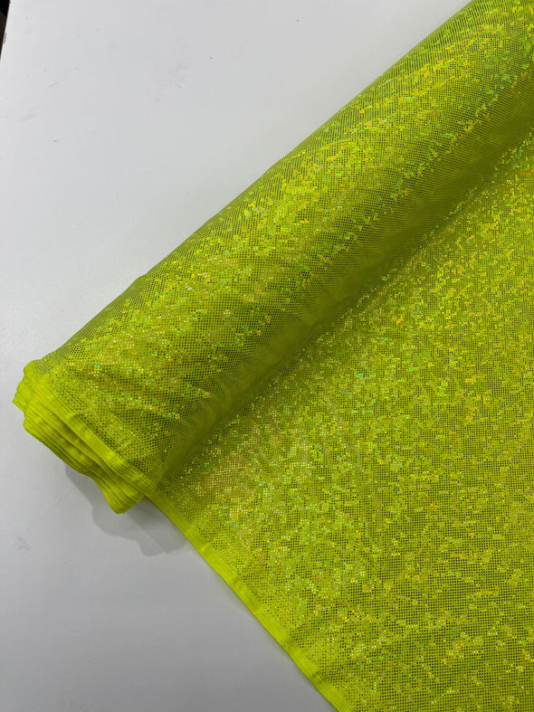 Neon Yellow Shattered Glass Foil Hologram/58” Wide/4 Way Stretch Spandex Nylon Tricot. Sold by the yard.