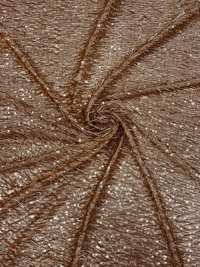 Nude Vegas Beaded Sequin Stretch Mesh Fabric, Embroidered Design for Prom Gown, by The Yard