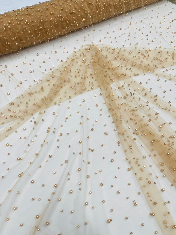 Heavy Scattered Pearls Studded Mesh, 2-Way Stretch, Sold By The Yard.