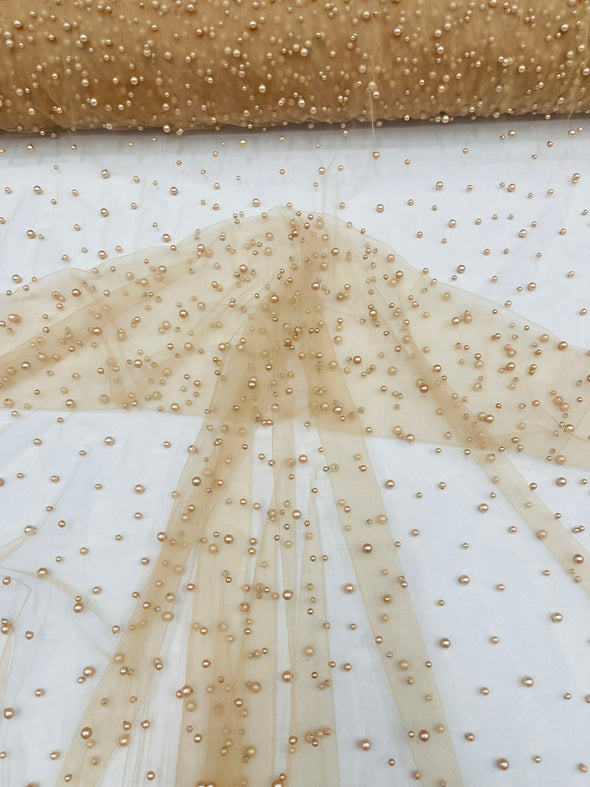 Heavy Scattered Pearls Studded Mesh, 2-Way Stretch, Sold By The Yard.