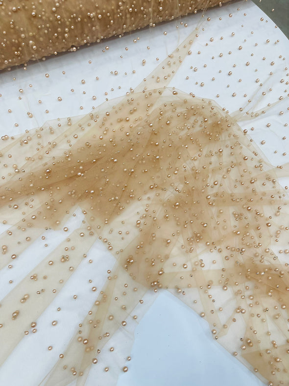 Heavy Scattered Pearls Studded Mesh, 2-Way Stretch, Sold By The Yard.