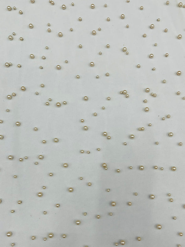 Heavy Scattered Pearls Studded Mesh, 2-Way Stretch, Sold By The Yard.