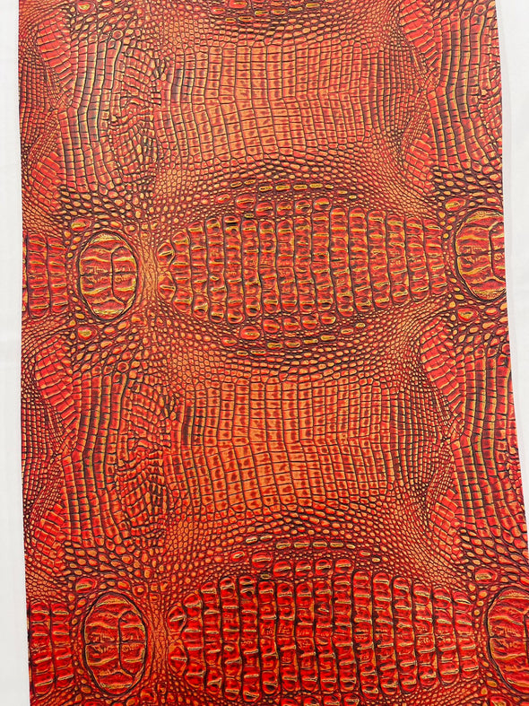 Orange Two Tone Metallic Gator Fake Leather Upholstery, 3-D Crocodile Skin Texture Faux Leather PVC Vinyl/54" Wide