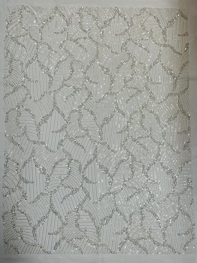 Off White Leaf Embroider and Heavy Beaded on a Mesh Lace Fabric-Wedding-Prom-Sold by the yard