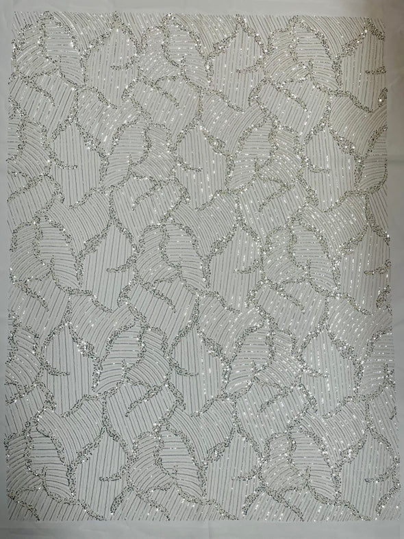 Off White Leaf Embroider and Heavy Beaded on a Mesh Lace Fabric-Wedding-Prom-Sold by the yard