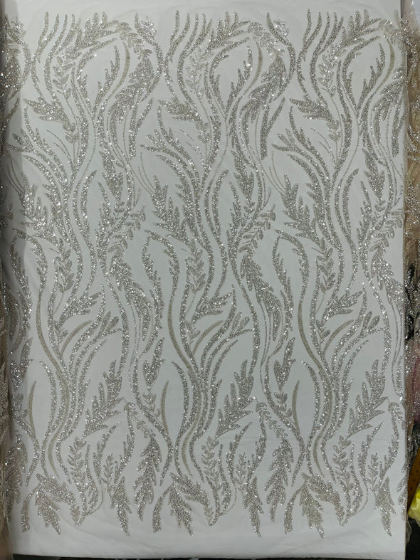 Off White Luxury Festival Beaded Vine Lace Fabric, Sold by The Yard.