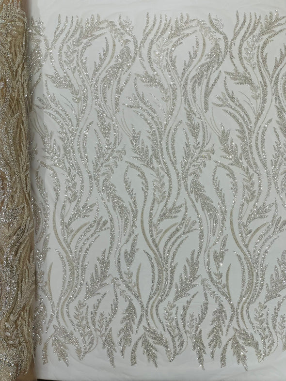 Off White Luxury Festival Beaded Vine Lace Fabric, Sold by The Yard.