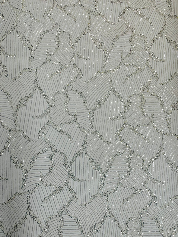 Off White Leaf Embroider and Heavy Beaded on a Mesh Lace Fabric-Wedding-Prom-Sold by the yard