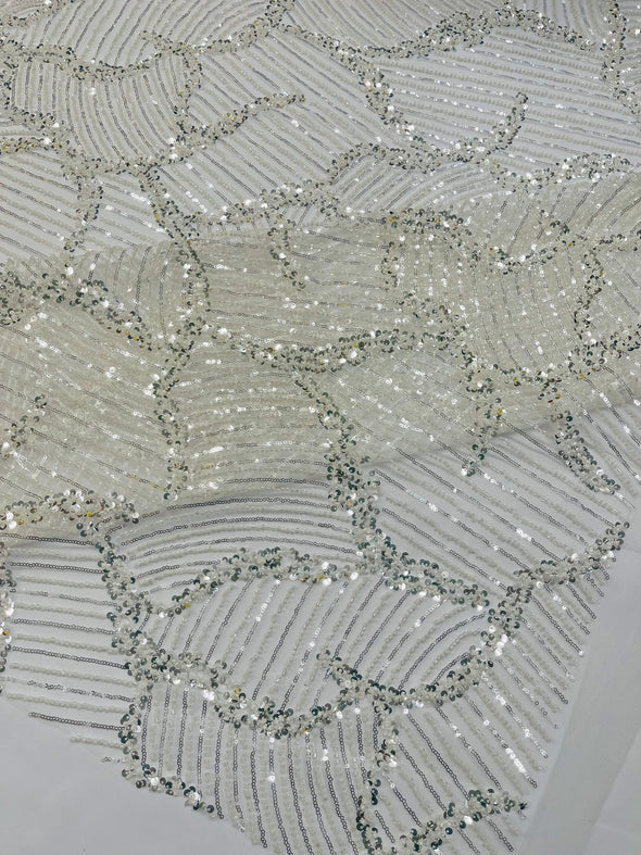 Off White Leaf Embroider and Heavy Beaded on a Mesh Lace Fabric-Wedding-Prom-Sold by the yard