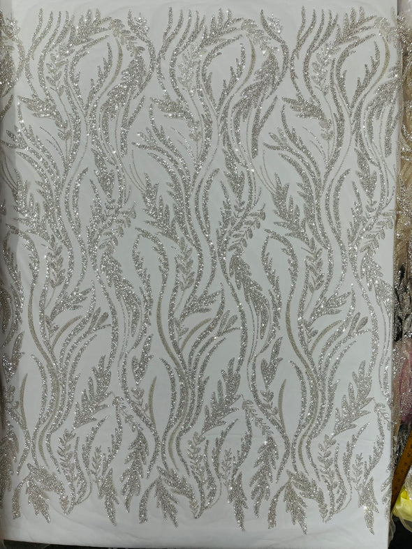 Off White Luxury Festival Beaded Vine Lace Fabric, Sold by The Yard.