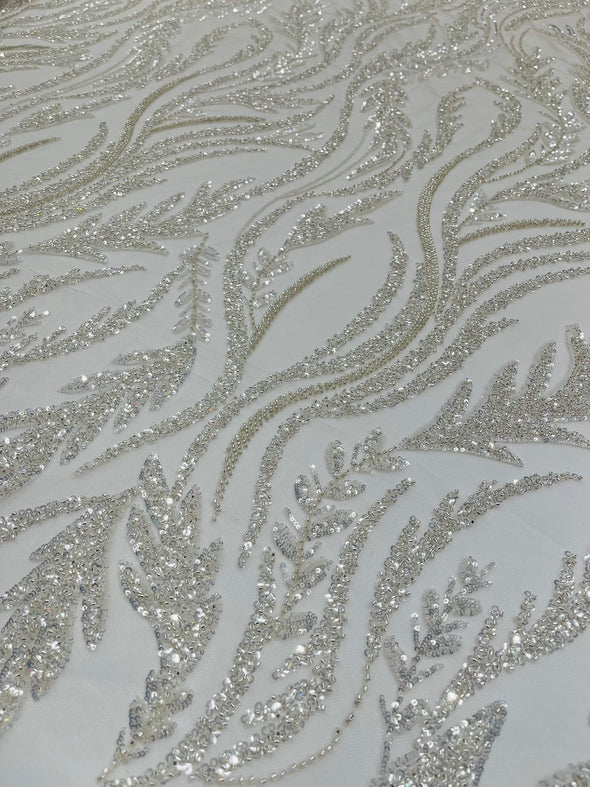 Off White Luxury Festival Beaded Vine Lace Fabric, Sold by The Yard.