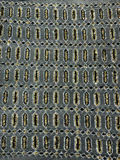 Olive Green Silver Multi Color Iridescent Jewel Sequin Design On a 4 Way Stretch Mesh Fabric - Sold By The Yard