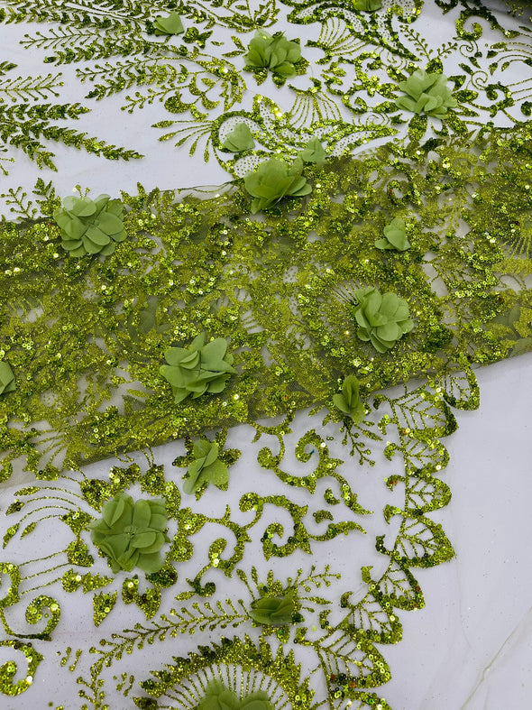 Floral 3D Palm Damask with glitter in a Mesh Lace- Sold by the yard.