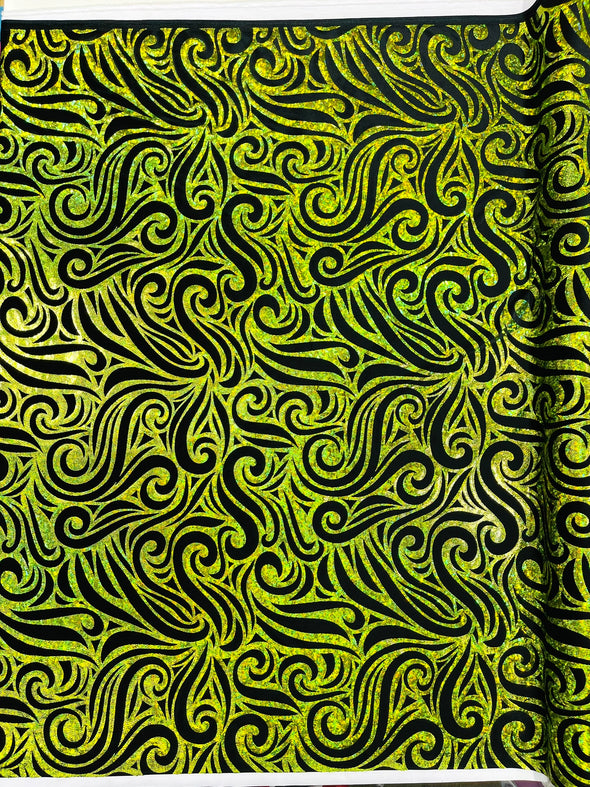 Holographic Foil Tribal Flame Design On A Stretch Velvet Fabric. By The Yard