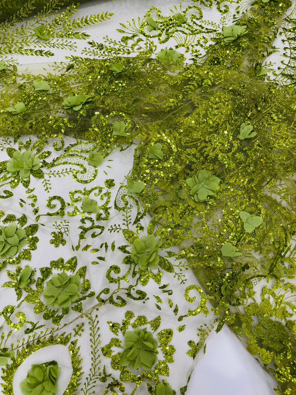 Floral 3D Palm Damask with glitter in a Mesh Lace- Sold by the yard.