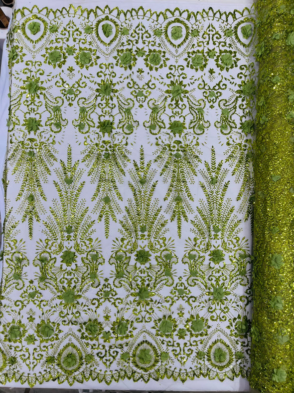 Floral 3D Palm Damask with glitter in a Mesh Lace- Sold by the yard.