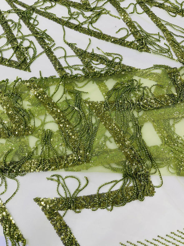 Olive Green Geometric Fringe Beaded Design With Sequins On A Mesh Fabric/Prom.