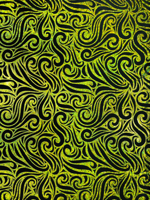 Holographic Foil Tribal Flame Design On A Stretch Velvet Fabric. By The Yard