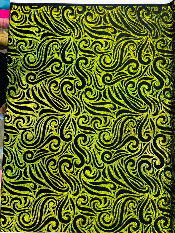 Holographic Foil Tribal Flame Design On A Stretch Velvet Fabric. By The Yard