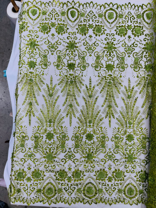Floral 3D Palm Damask with glitter in a Mesh Lace- Sold by the yard.