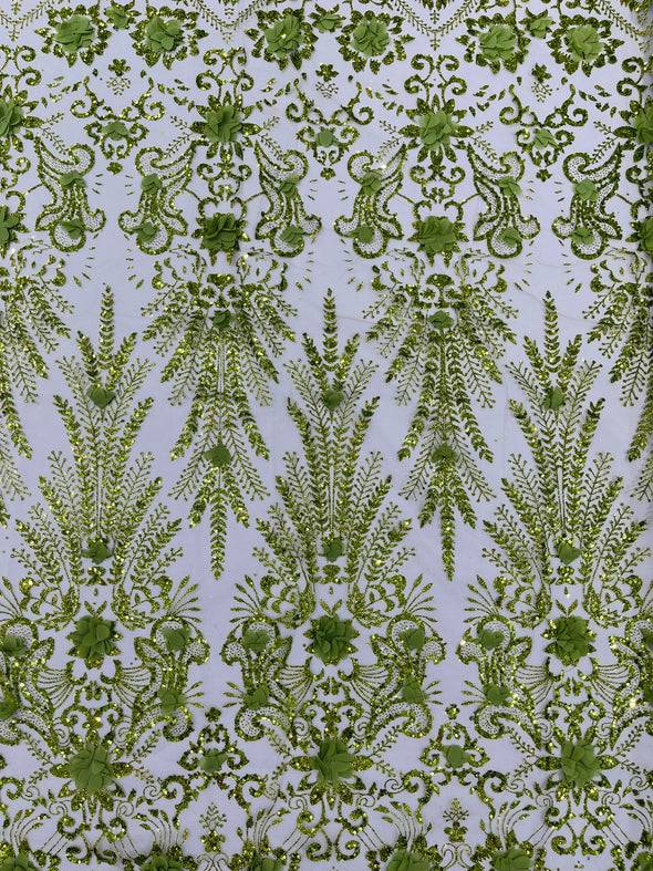 Floral 3D Palm Damask with glitter in a Mesh Lace- Sold by the yard.