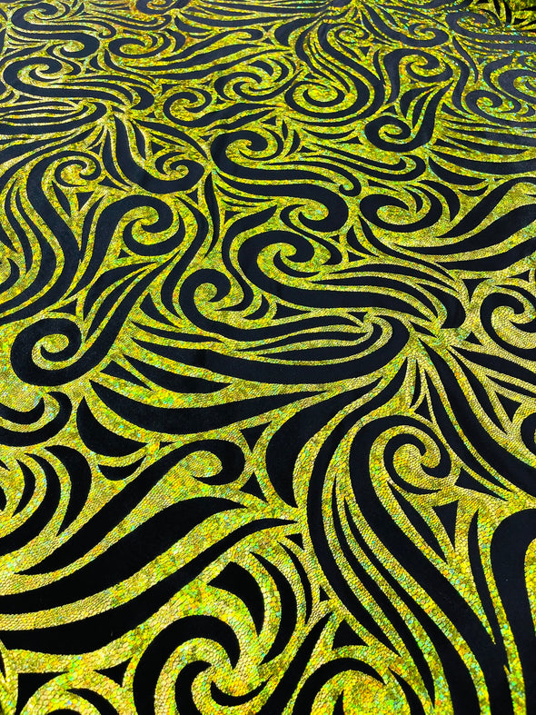 Holographic Foil Tribal Flame Design On A Stretch Velvet Fabric. By The Yard