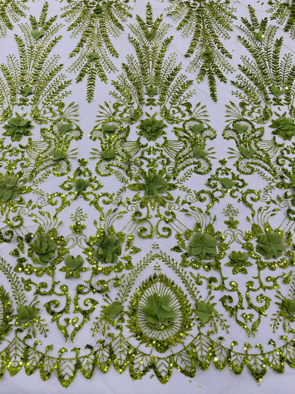 Floral 3D Palm Damask with glitter in a Mesh Lace- Sold by the yard.