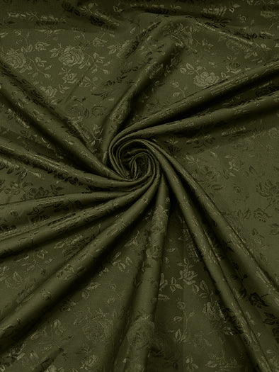 Olive Green Polyester Roses/Floral Brocade Jacquard Satin Fabric/ Cosplay Costumes, Table Linen- Sold By The Yard.