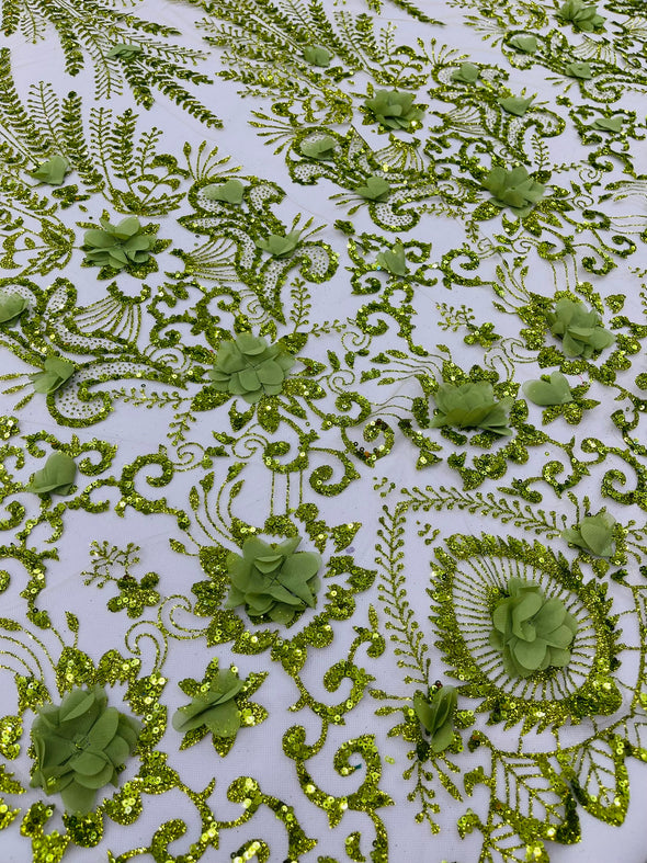 Floral 3D Palm Damask with glitter in a Mesh Lace- Sold by the yard.