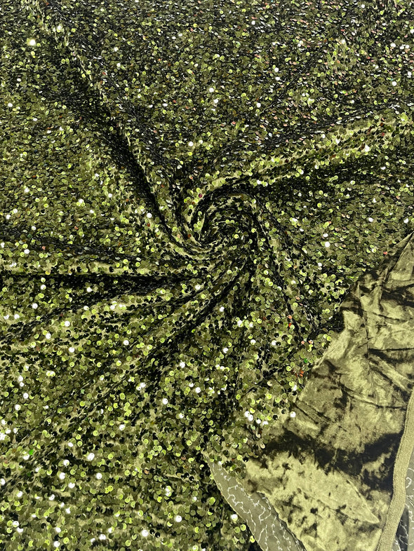 Olive Green 54" Stretch Velvet with Luxury Sequins All Over 5mm Shining Sequins 2-Way Stretch. Sold by the yard.