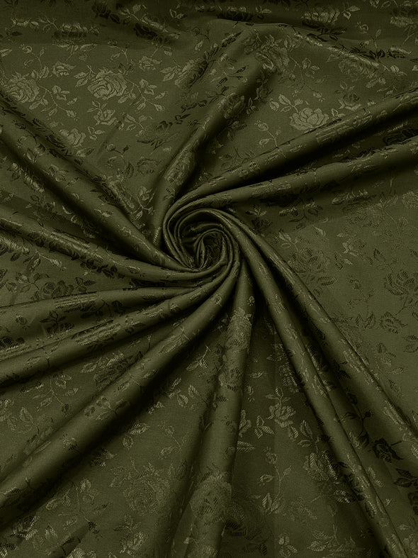 Olive Green Polyester Roses/Floral Brocade Jacquard Satin Fabric/ Cosplay Costumes, Table Linen- Sold By The Yard.