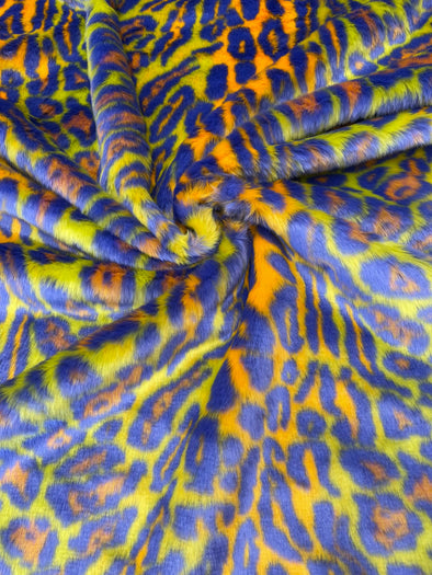 Orange Lime Purple Leopard Tie Dyed Faux Fur, Black Light Reflective.