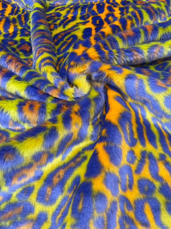 Orange Lime Purple Leopard Tie Dyed Faux Fur, Black Light Reflective.