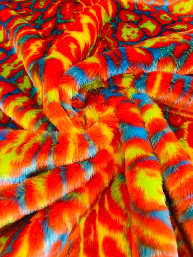 Orange Yellow Turquoise Leopard Tie Dyed Faux Fur, Black Light Reflective.