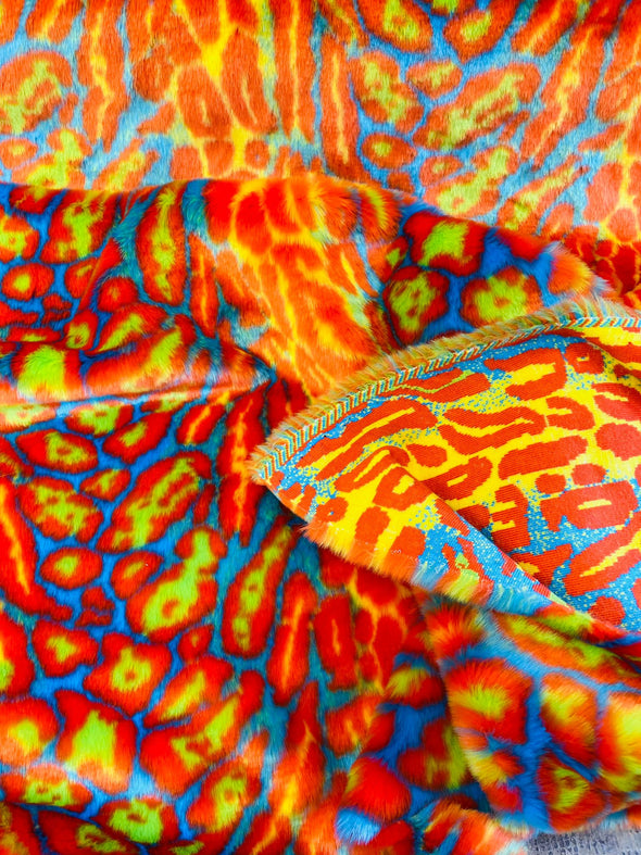 Orange Yellow Turquoise Leopard Tie Dyed Faux Fur, Black Light Reflective.