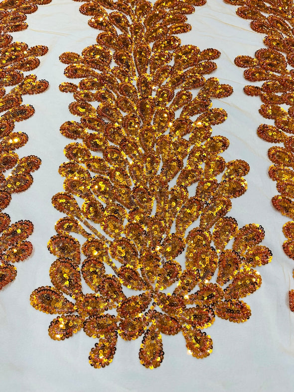 Orange New Vegas heavy beaded feather design embroidery on a mesh fabric-Sold by the panel
