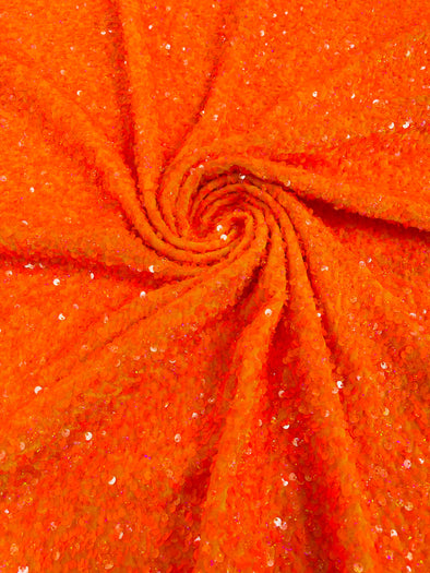 Orange Holographic 54" Stretch Velvet with Luxury Sequins All Over 5mm Shining Sequins 2-Way Stretch. Sold by the yard.