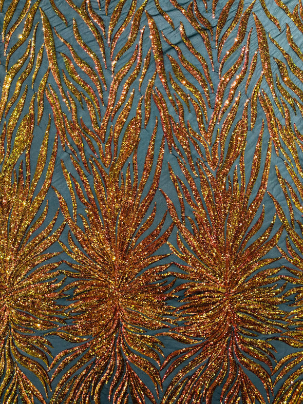 Orange Iridescent Phoenix Feather Design with Sequins Embroider on a Black 4 way Stretch Mesh Fabric- Sold by the yard.