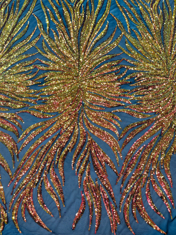 Orange Iridescent Phoenix Feather Design with Sequins Embroider on a Black 4 way Stretch Mesh Fabric- Sold by the yard.