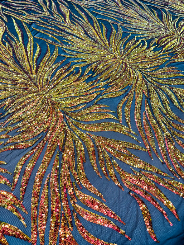 Orange Iridescent Phoenix Feather Design with Sequins Embroider on a Black 4 way Stretch Mesh Fabric- Sold by the yard.