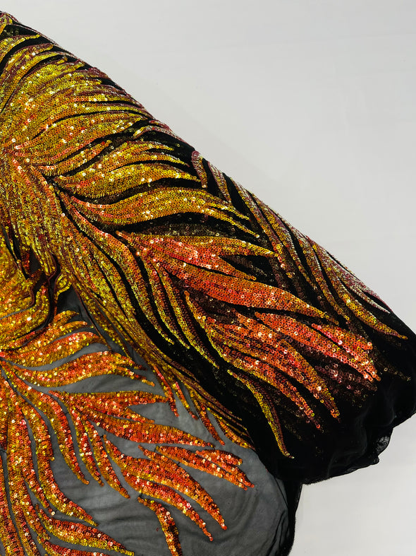 Orange Iridescent Phoenix Feather Design with Sequins Embroider on a Black 4 way Stretch Mesh Fabric- Sold by the yard.